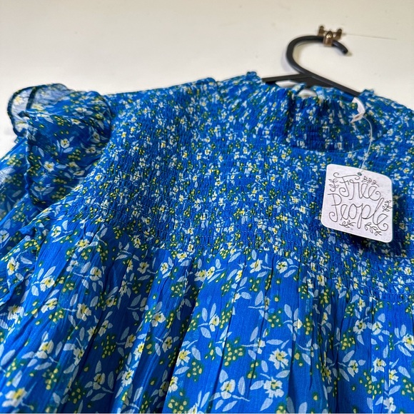 Free People Blue Floral Smocked Blouse - Long Sleeves - Back Double Tie/ S-M - Picture 2 of 6
